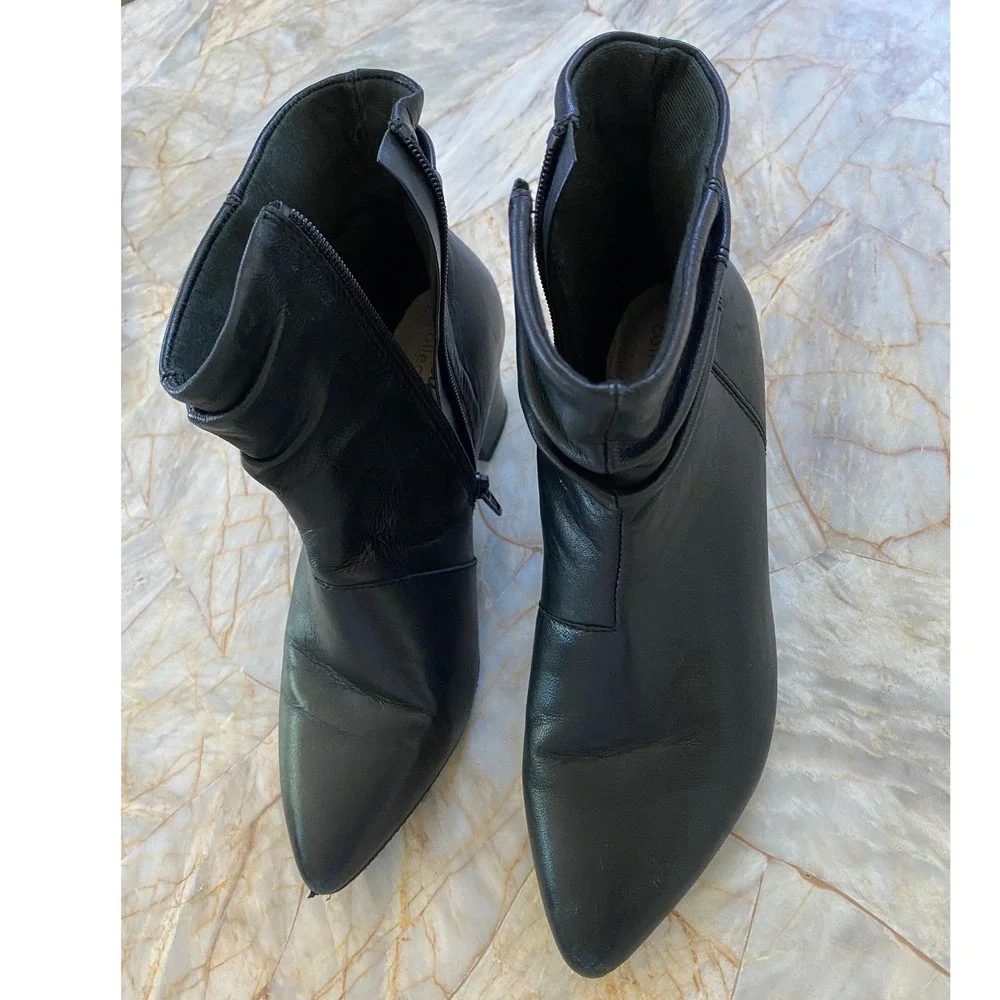 Clarks Black Leather Slouchy Ankle Boots Pointed Toe Block Heel Side Zip 6 1/2